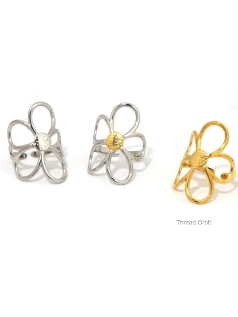 Adjustable Chunky Hollow Flower Stainless Steel Ring for Women